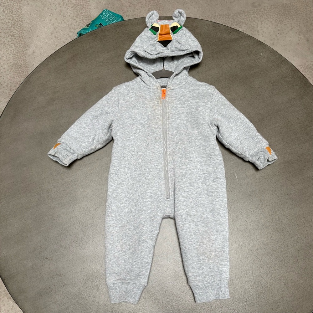 Stella McCartney Kids Gray Orange Animal Hooded bunting winter fall onesie 12 mo